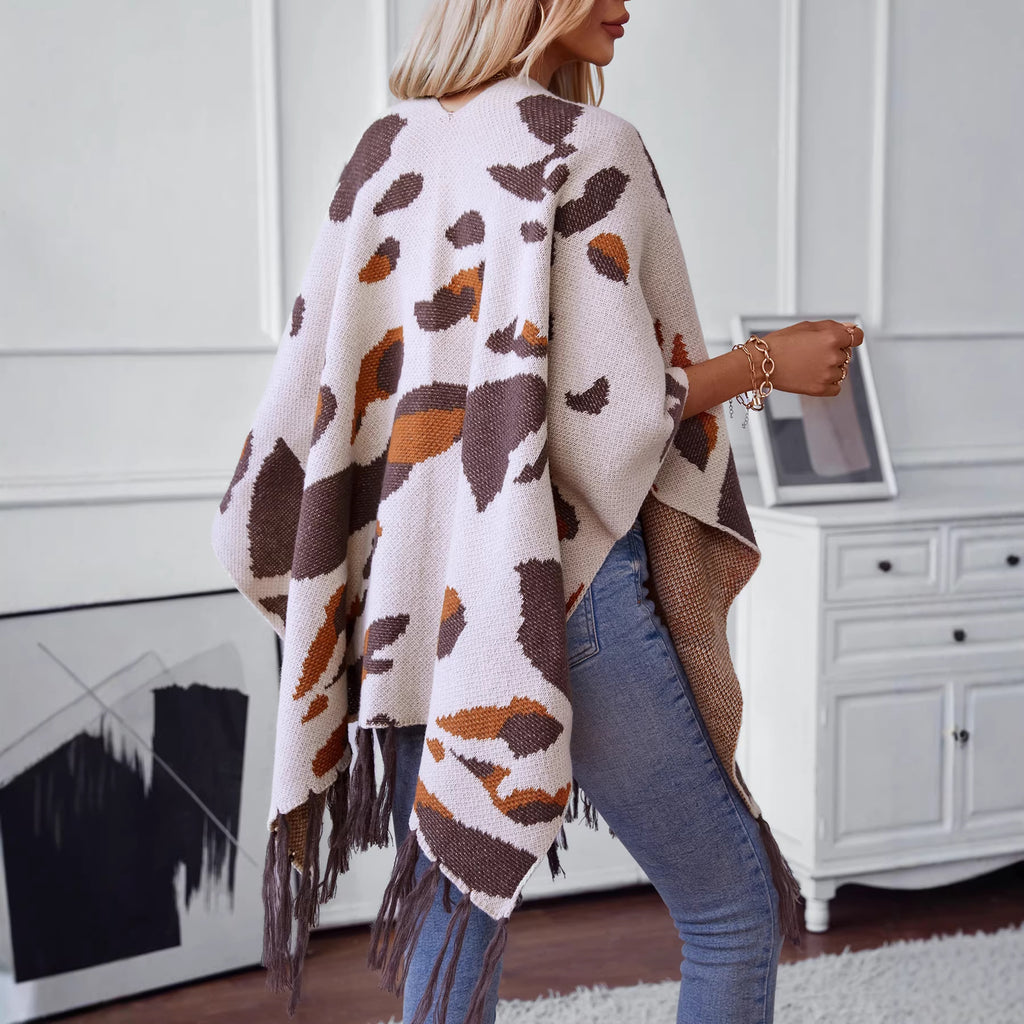 Leopard Print Tassel Knit Cape Scarf, Apricot product detail