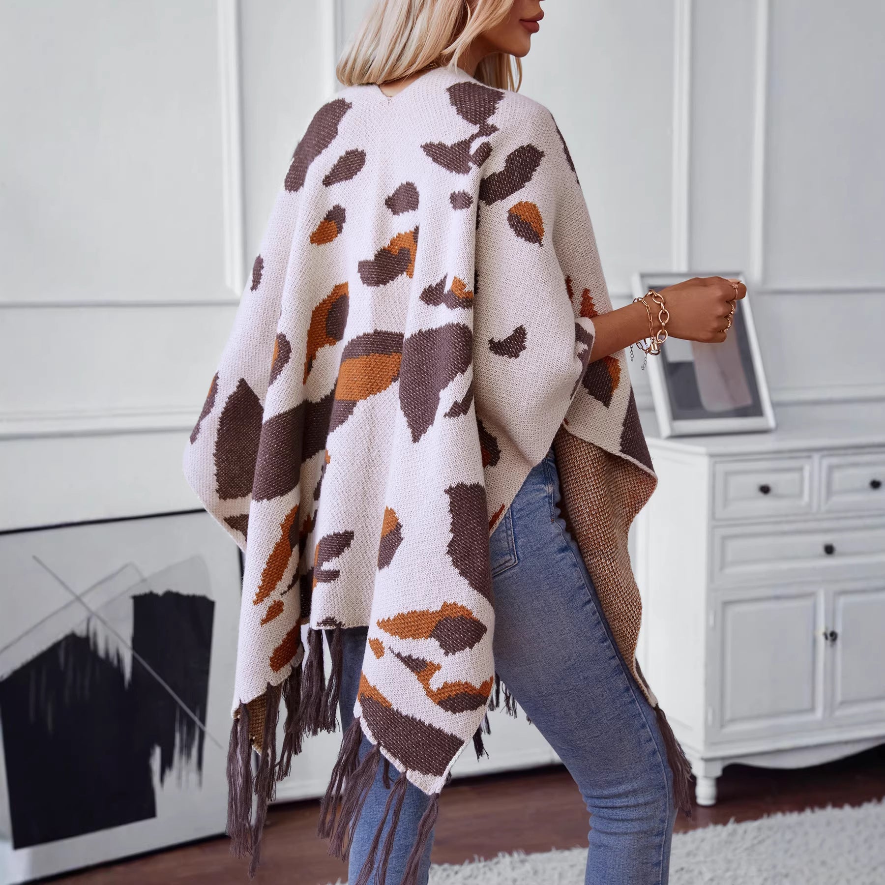 Leopard Print Tassel Knit Cape Scarf, Apricot product detail