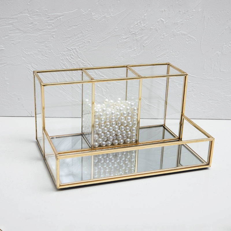 Glass Makeup and Cosmetic Organizer with Gold Frame product detail