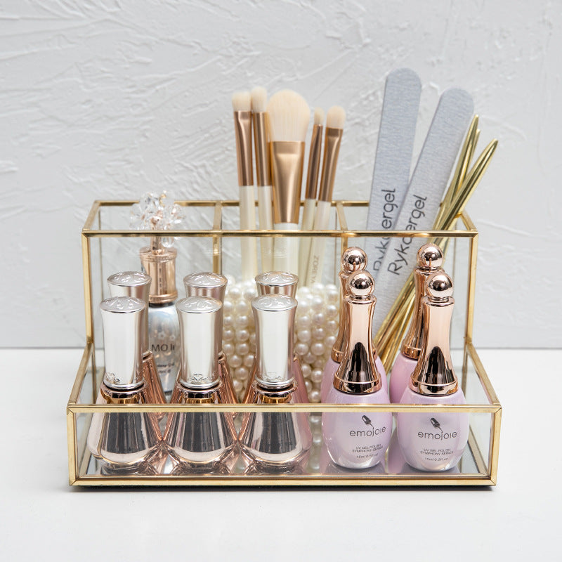 Glass Makeup and Cosmetic Organizer with Gold Frame product detail