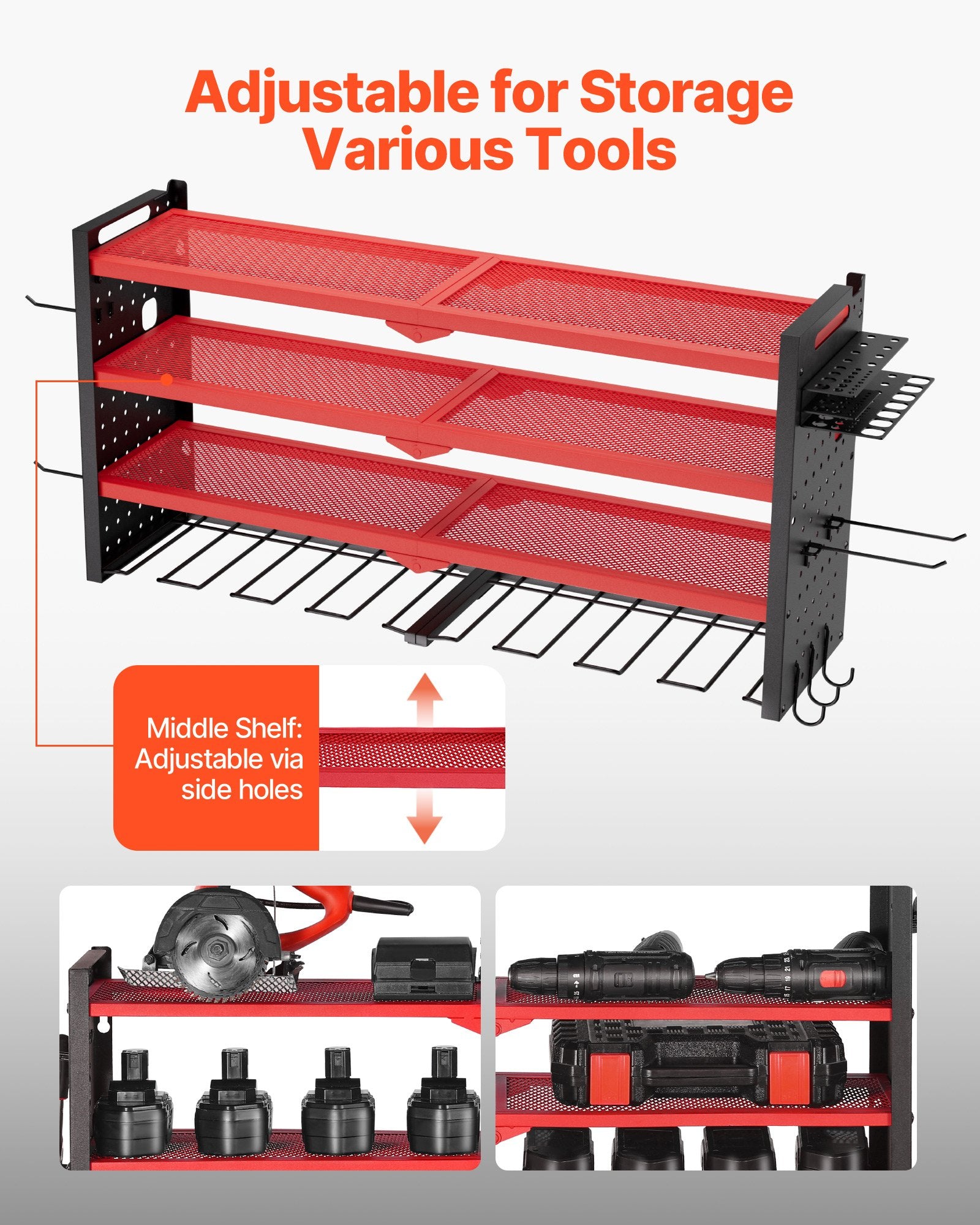 4-Layer Power Tool Organizer with 8 Drill Holders and Pegboards detail 3