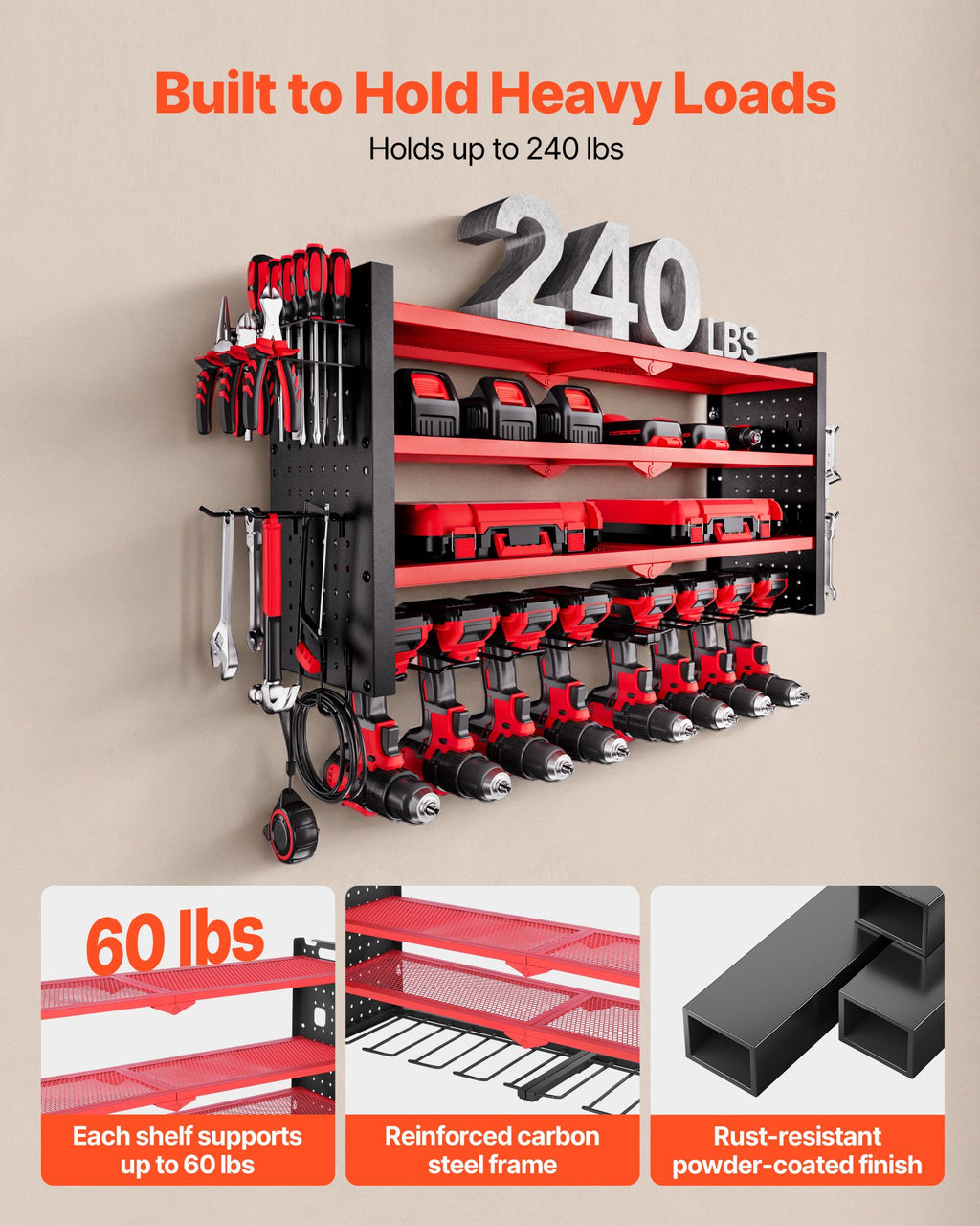 4-Layer Power Tool Organizer with 8 Drill Holders and Pegboards detail 5