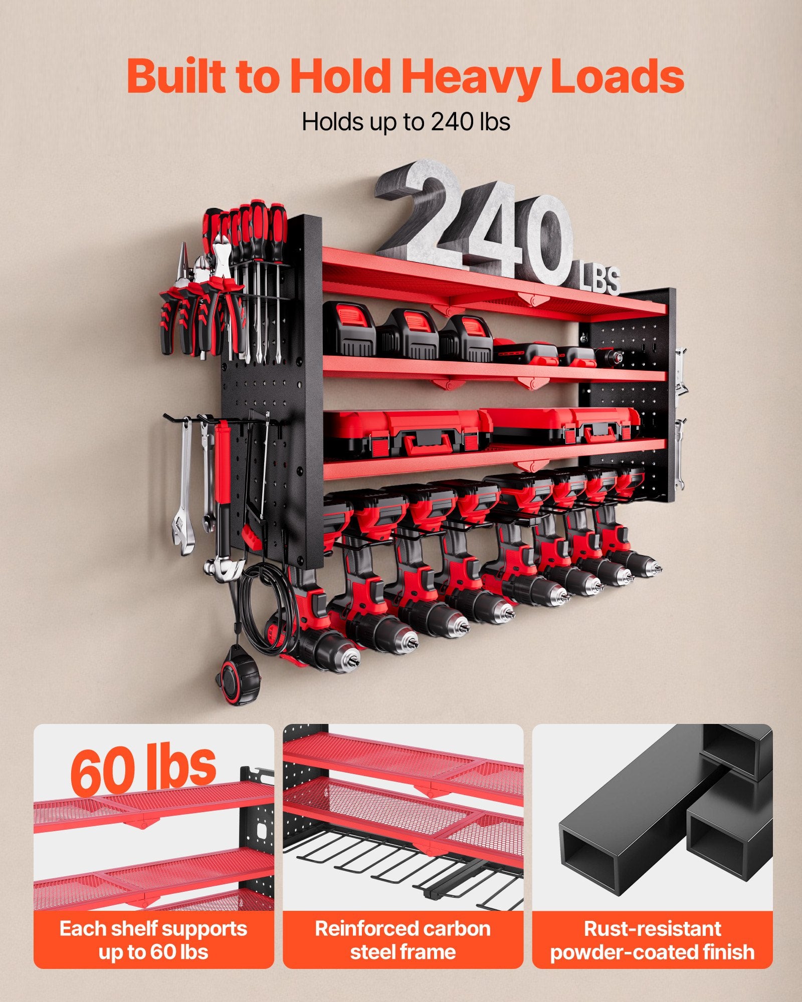 4-Layer Power Tool Organizer with 8 Drill Holders and Pegboards detail 5