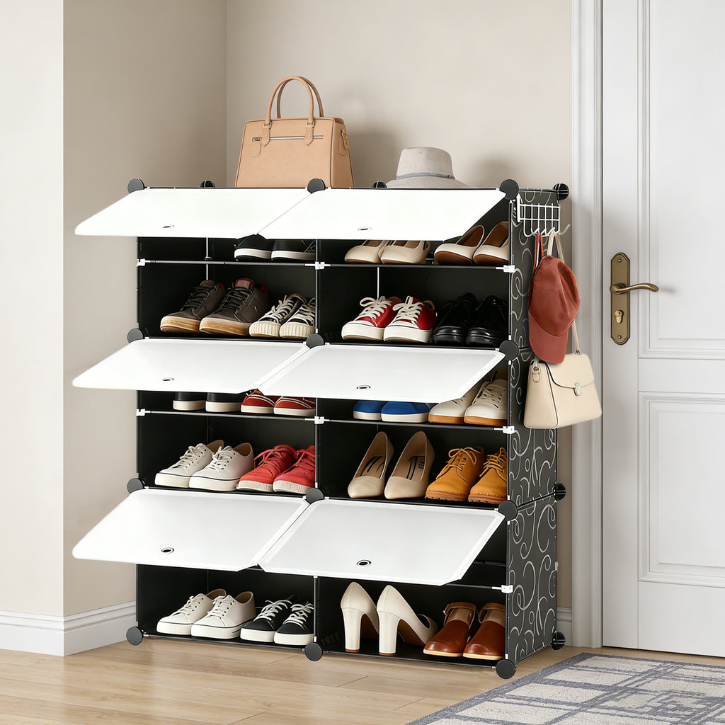 Black and white eight-compartment shoe storage cabinet