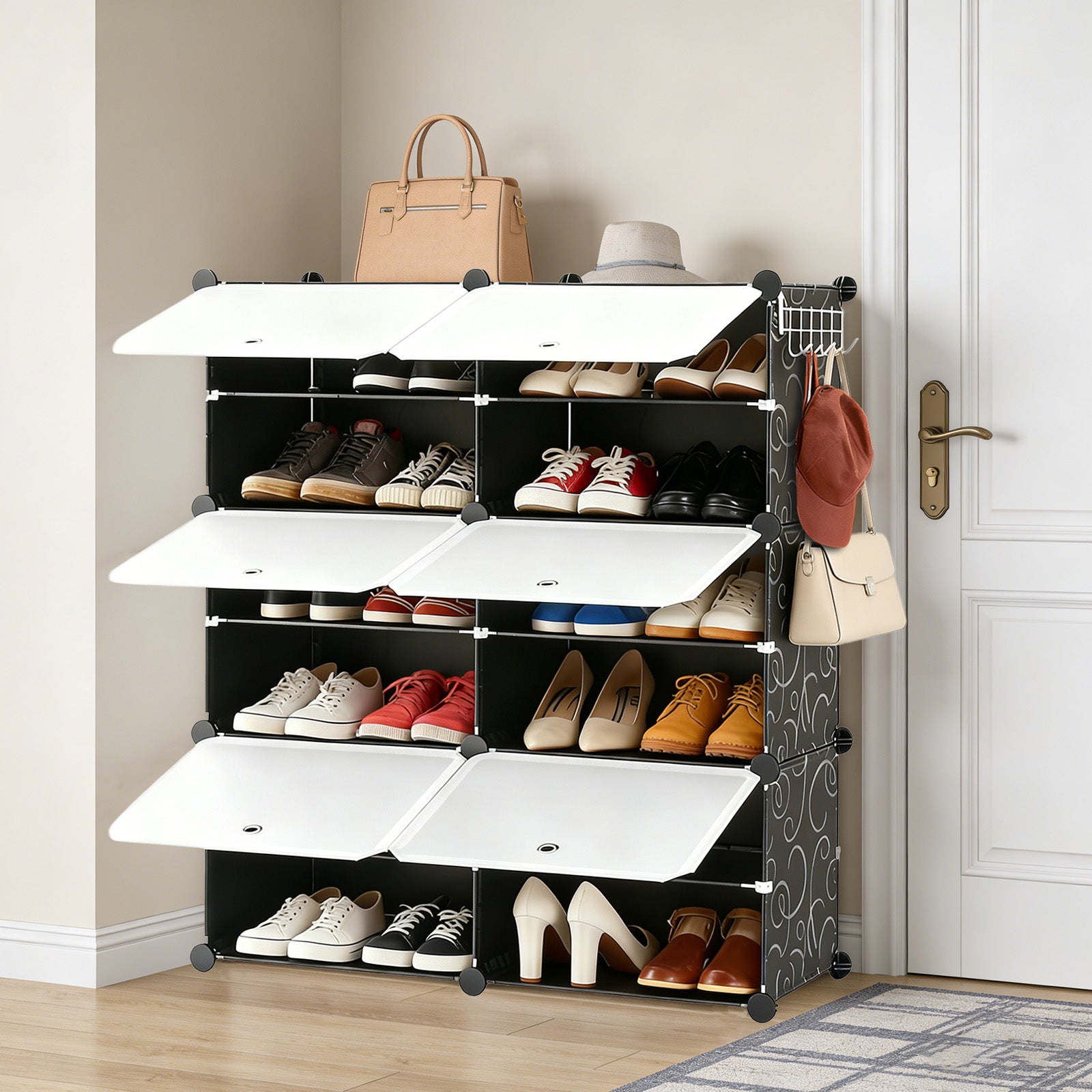 Black and white eight-compartment shoe storage cabinet