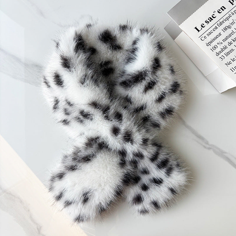 Leopard Print Plush Cross-Neck Scarf, Black product detail