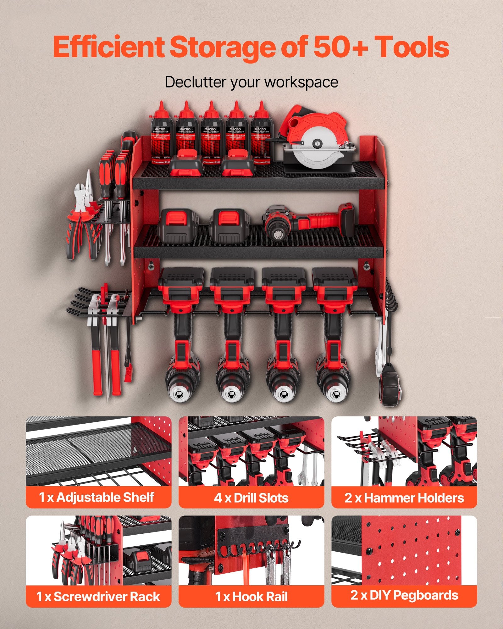 3-Layer Power Tool Organizer with 4 Drill Holders and Pegboards detail 4