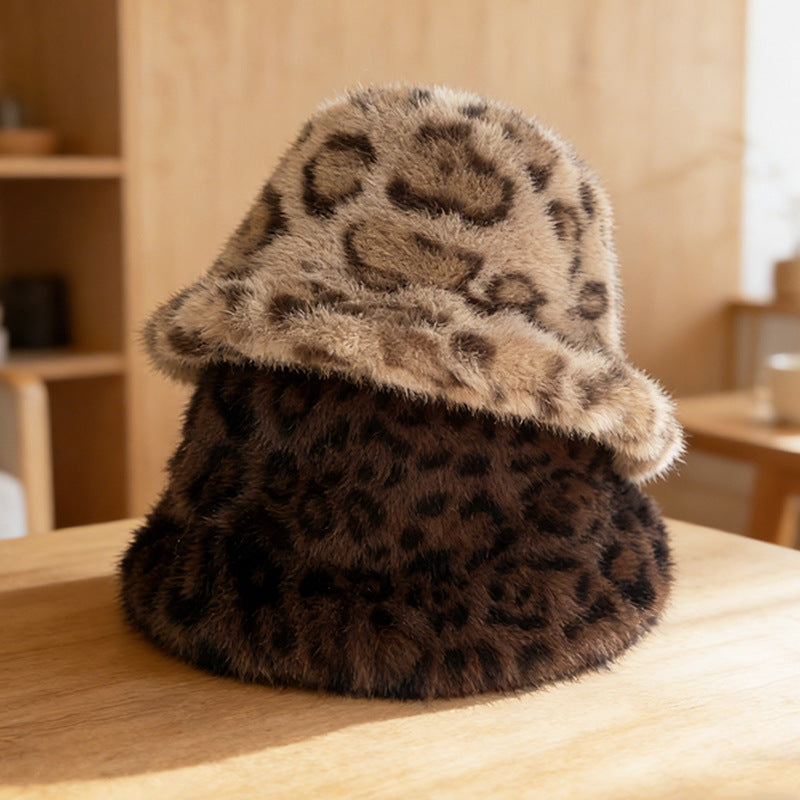 Leopard Print Plush Fisherman Hat, Black and White product detail