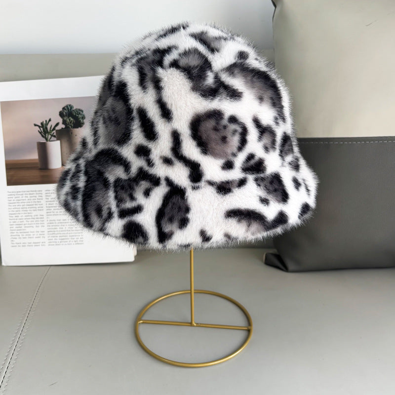 Leopard Print Plush Fisherman Hat, Black and White