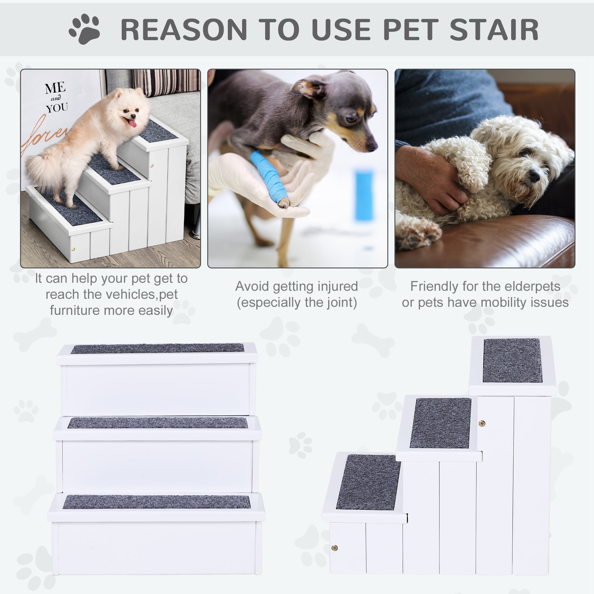 3-Step Wooden Carpeted Pet Stairs - White detail 4