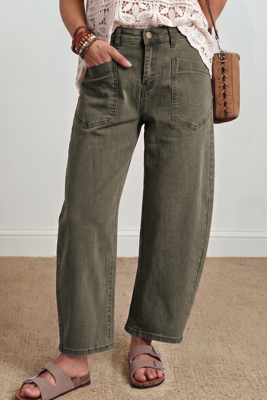 Coffee Solid Color Square Patch Pocket Ankle-length Barrel Jeans