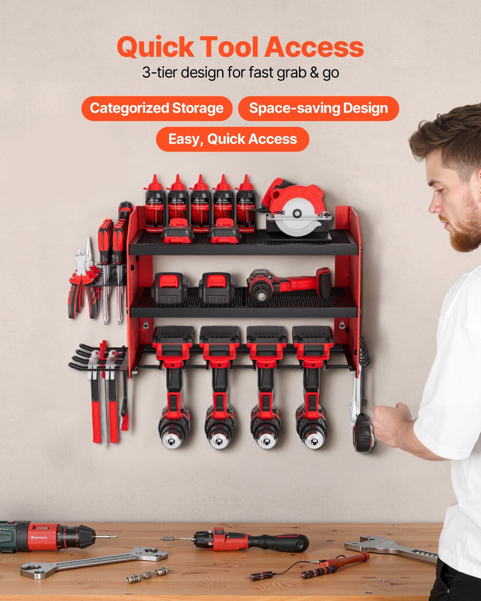 3-Layer Power Tool Organizer with 4 Drill Holders and Pegboards detail 2