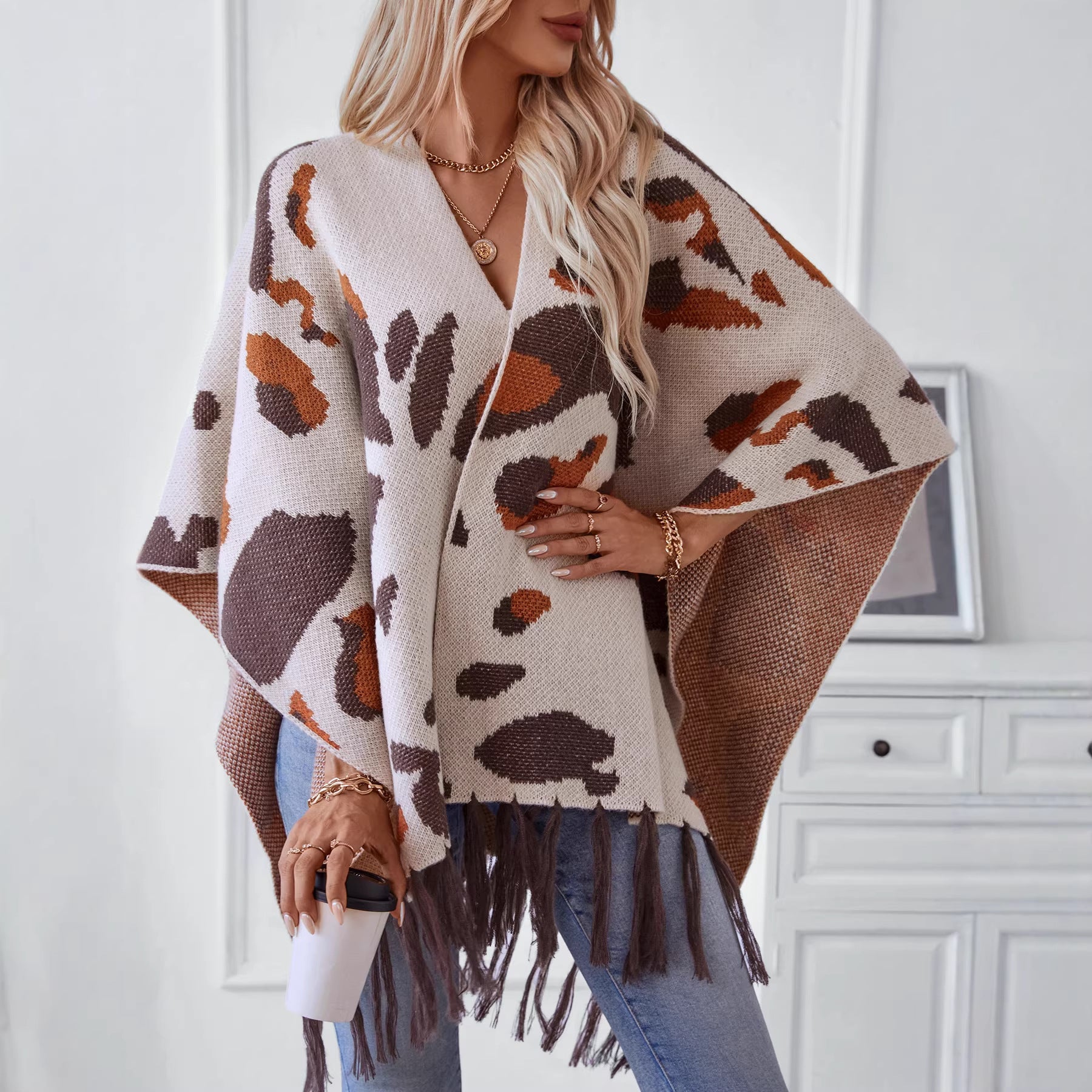 Leopard Print Tassel Knit Cape Scarf, Apricot product detail