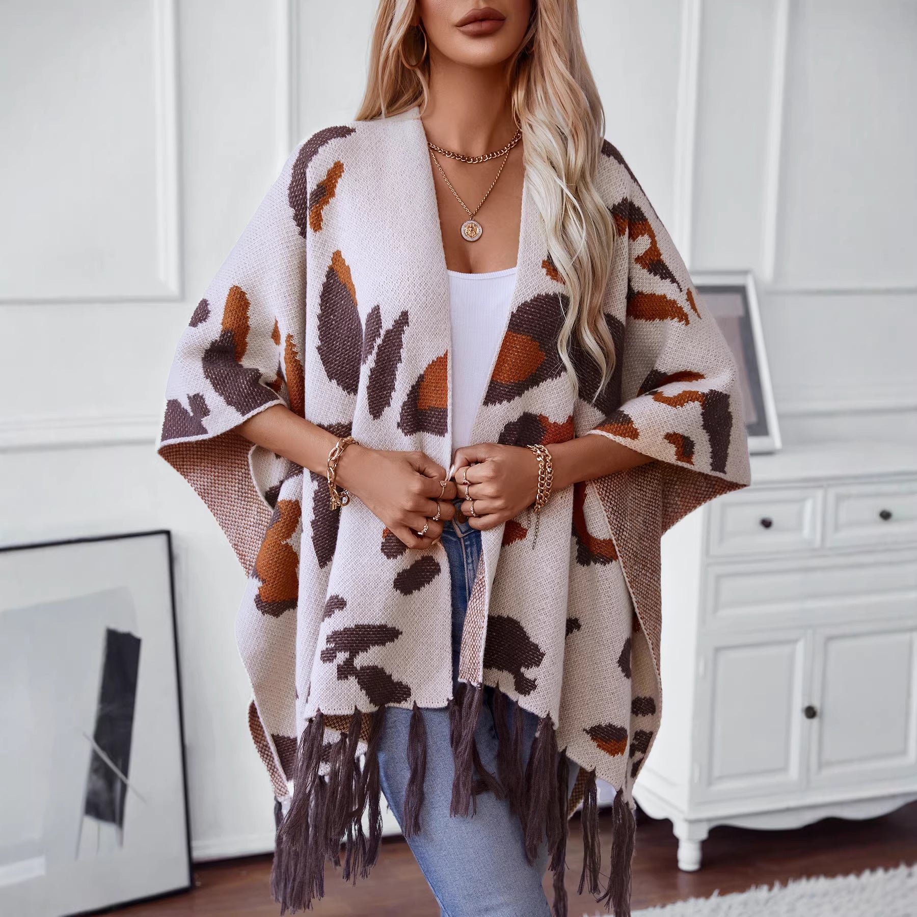 Leopard Print Tassel Knit Cape Scarf, Apricot product detail