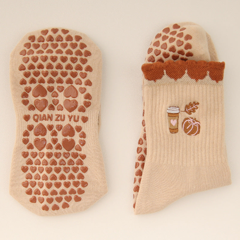 Cherry Embroidered Yoga Socks, Light Coffee product detail