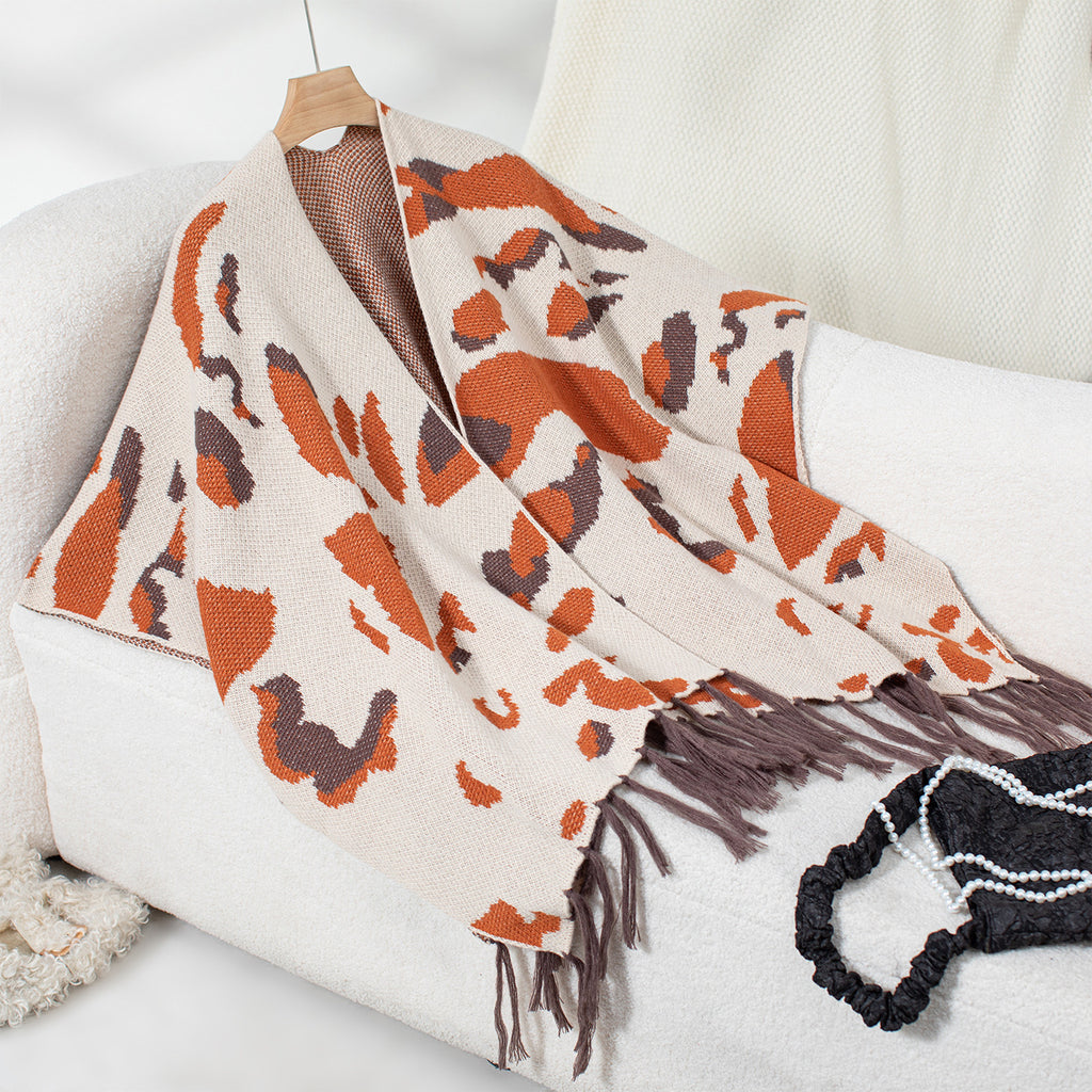 Leopard Print Tassel Knit Cape Scarf, Apricot product detail