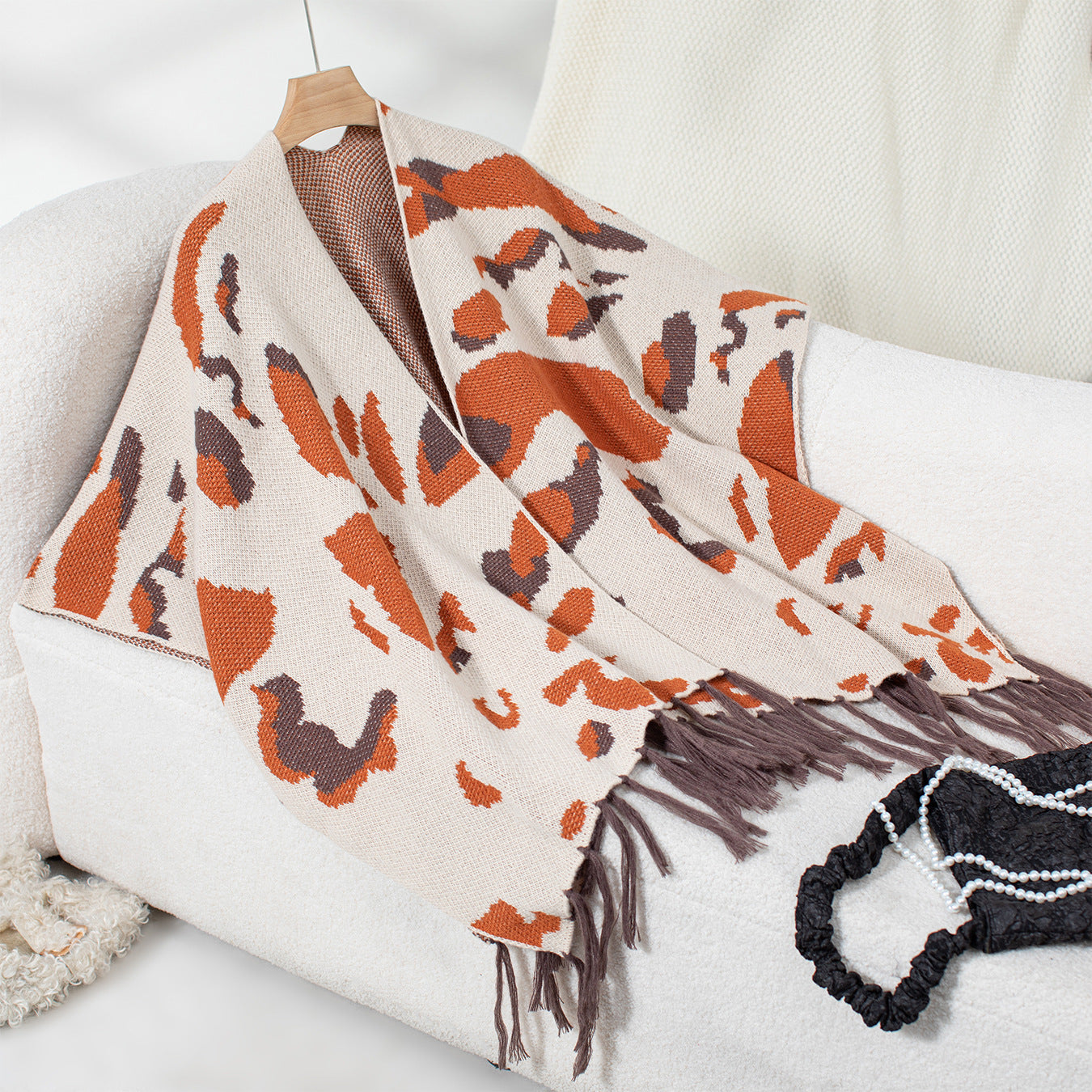 Leopard Print Tassel Knit Cape Scarf, Apricot product detail