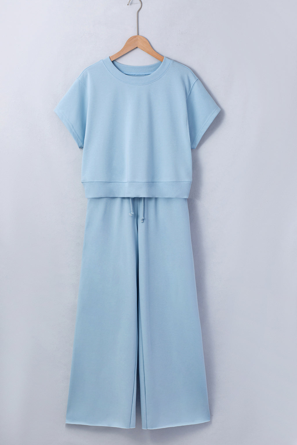 Parchment Solid Color Loose Tee Drawstring Wide Leg Pants 2pcs Outfit