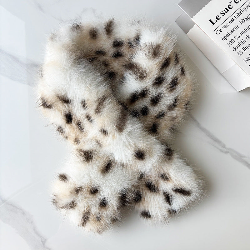 Leopard Print Plush Cross-Neck Scarf, Black product detail