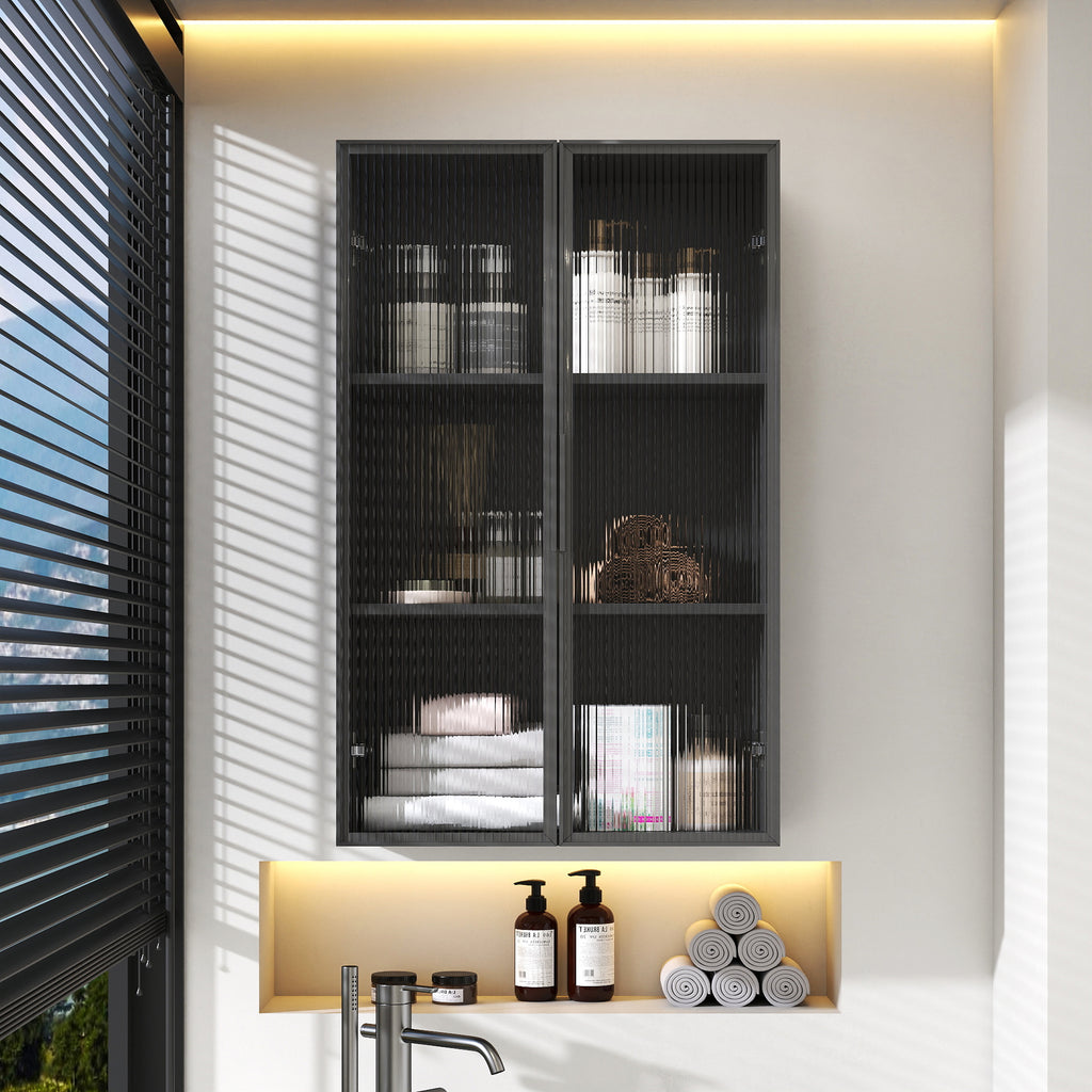 Black glass-door wall cabinet detail