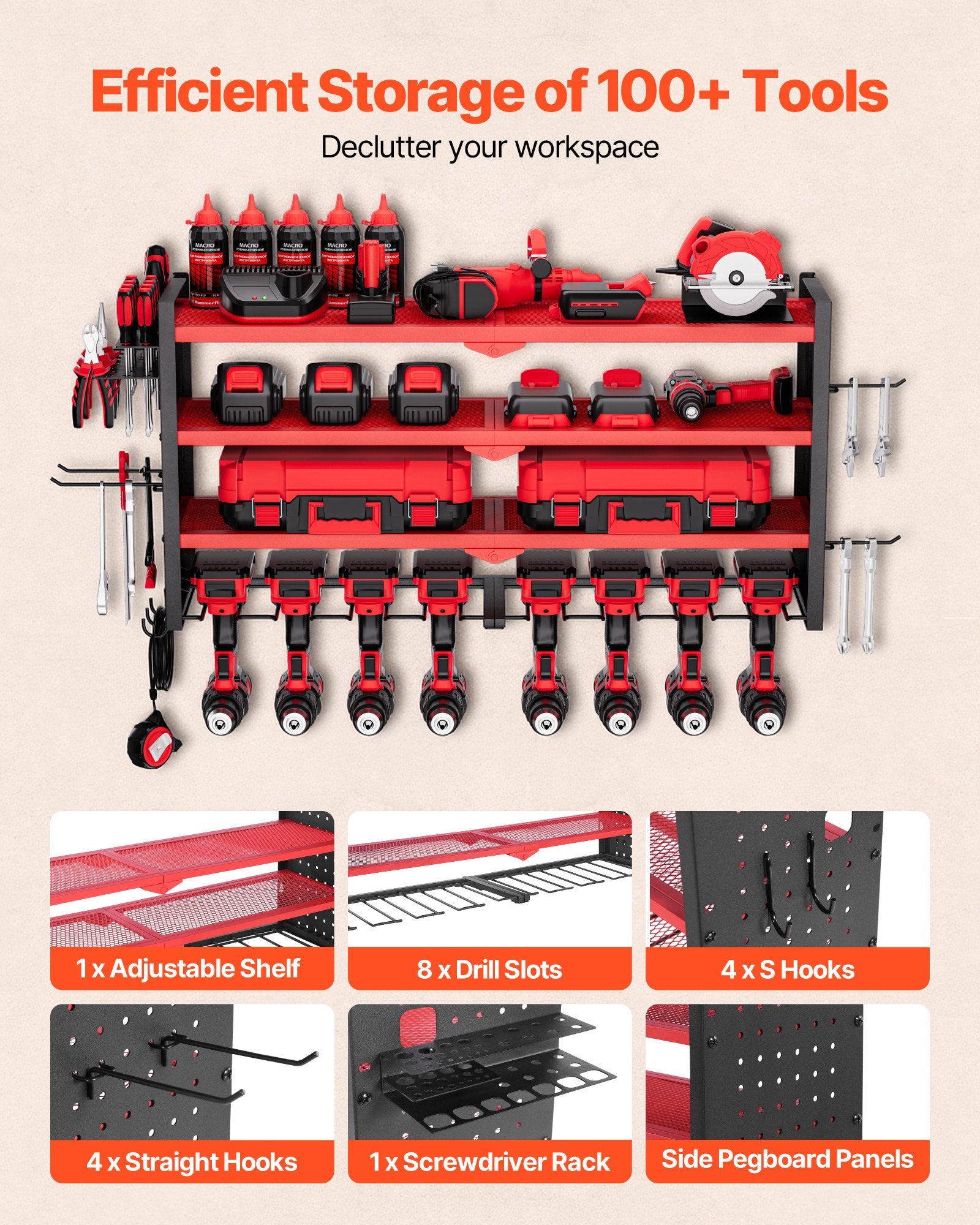 4-Layer Power Tool Organizer with 8 Drill Holders and Pegboards detail 4
