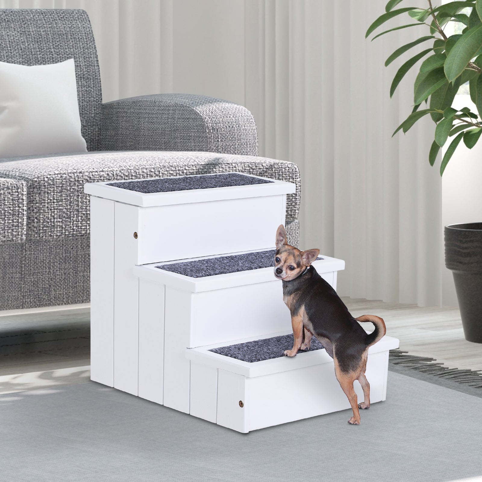 3-Step Wooden Carpeted Pet Stairs - White