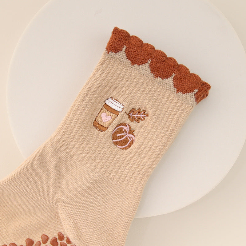 Cherry Embroidered Yoga Socks, Light Coffee product detail