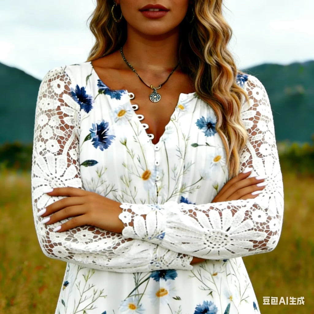Sweet Babe Plus Size Floral Lace Sleeve V-Neck Blouse