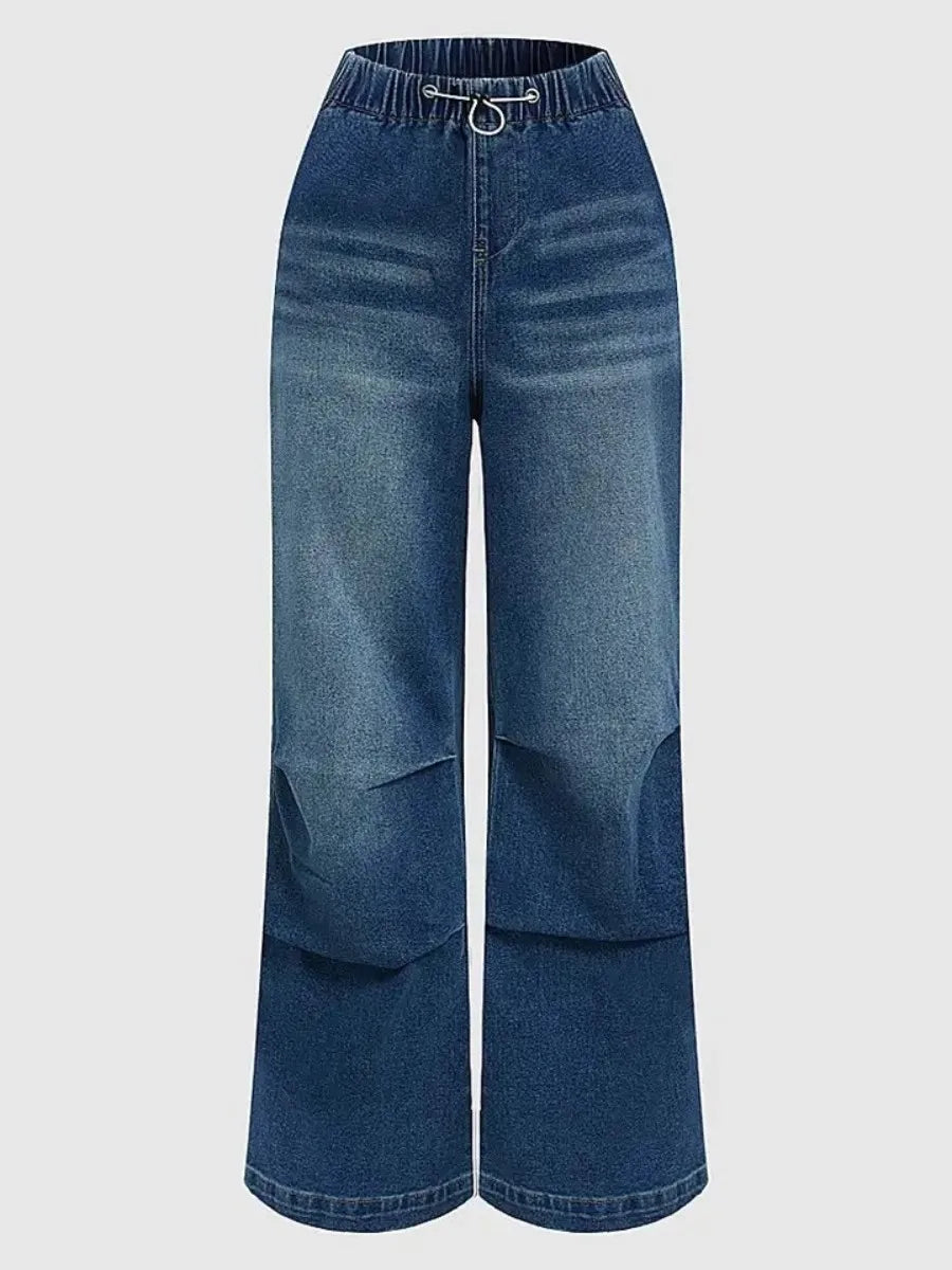 Women Wide Leg Baggy Jeans Elastic Waist Blue Denim Loose Fit