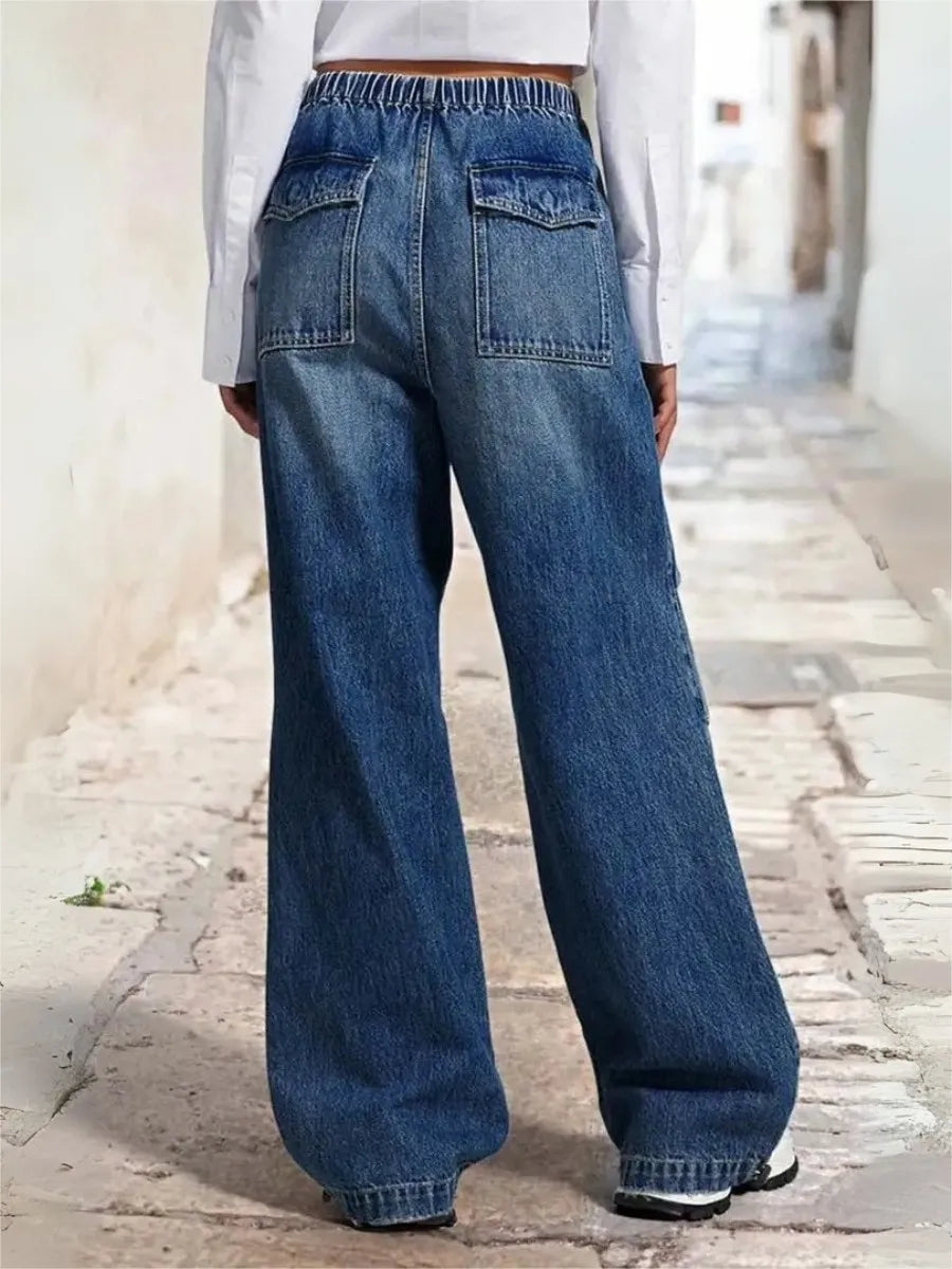 Women Wide Leg Baggy Jeans Elastic Waist Blue Denim Loose Fit