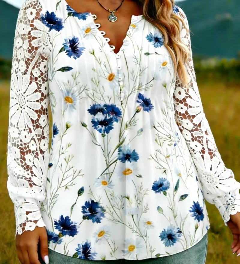 Sweet Babe Plus Size Floral Lace Sleeve V-Neck Blouse