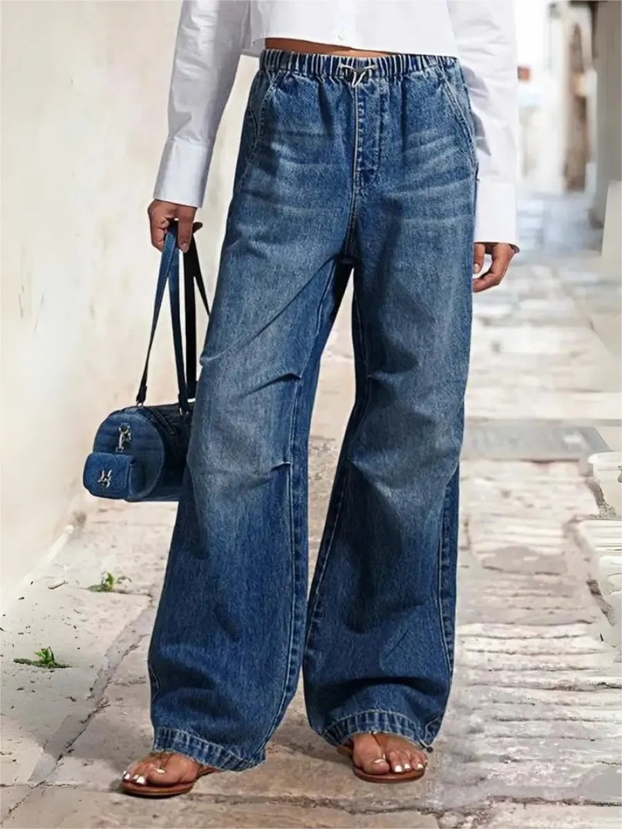 Women Wide Leg Baggy Jeans Elastic Waist Blue Denim Loose Fit