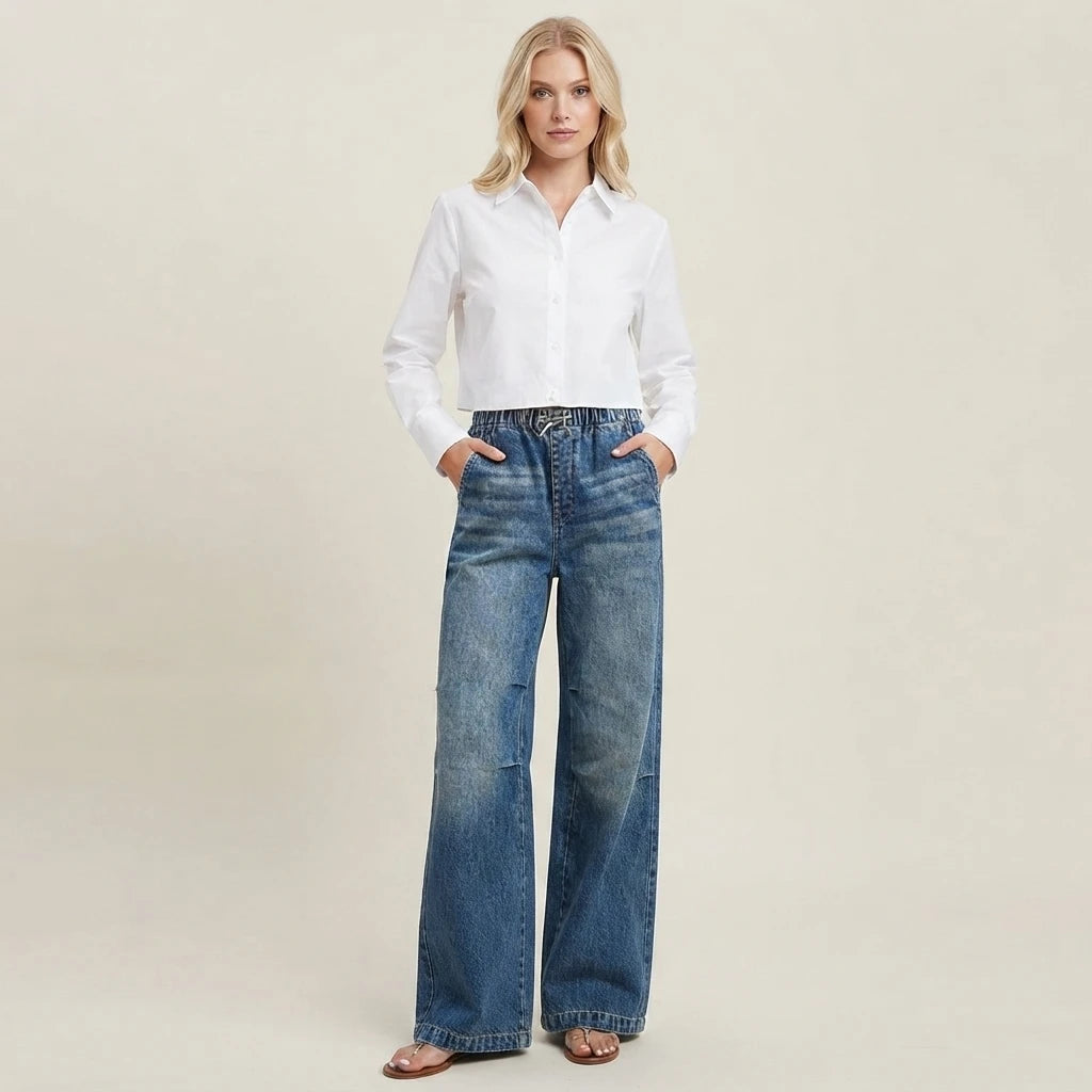 Women Wide Leg Baggy Jeans Elastic Waist Blue Denim Loose Fit