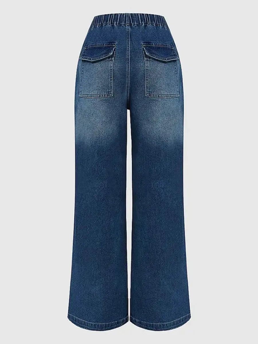 Women Wide Leg Baggy Jeans Elastic Waist Blue Denim Loose Fit