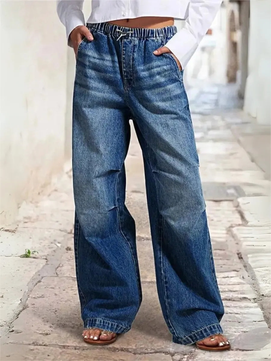 Women Wide Leg Baggy Jeans Elastic Waist Blue Denim Loose Fit