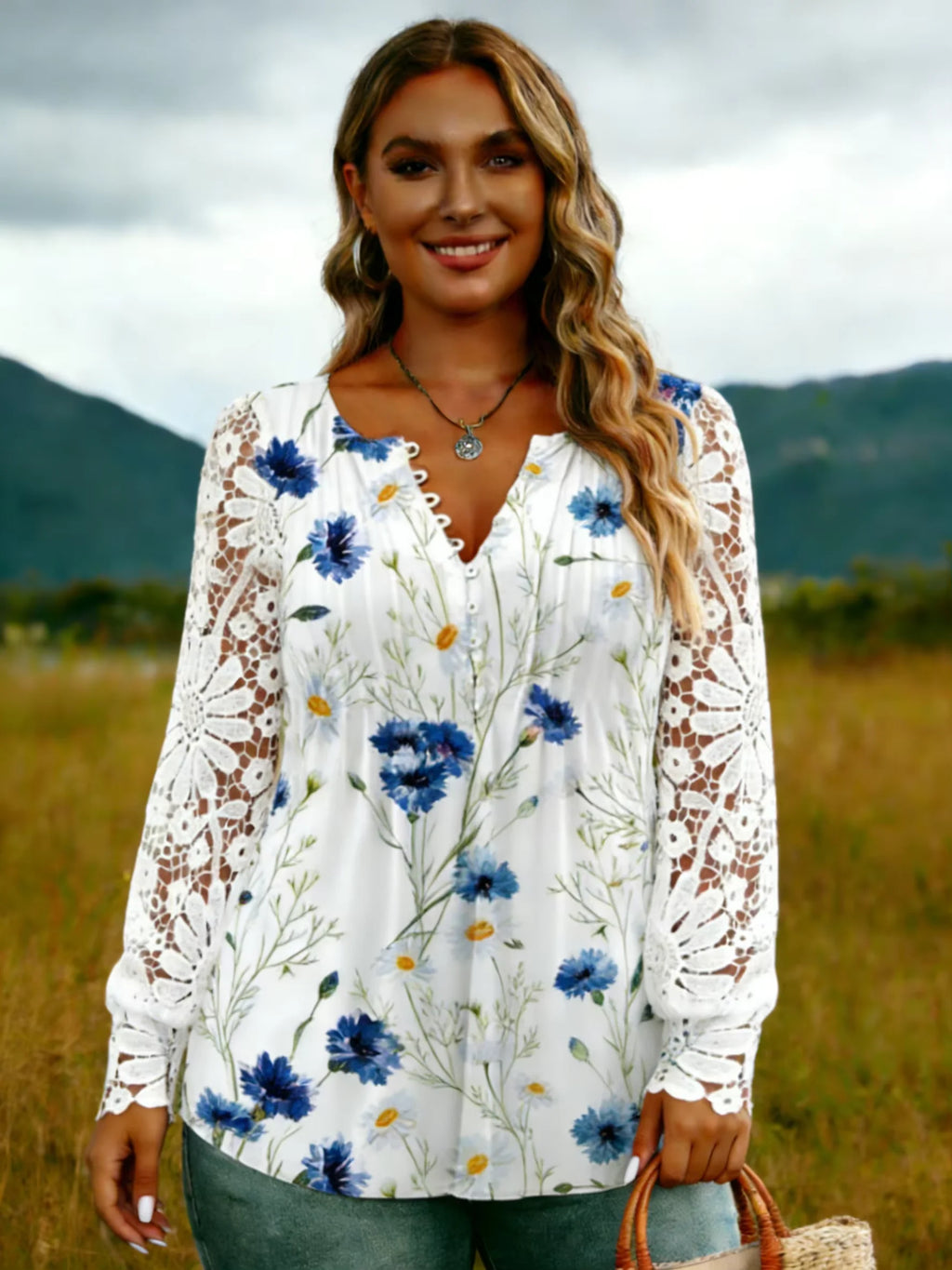 Sweet Babe Plus Size Floral Lace Sleeve V-Neck Blouse