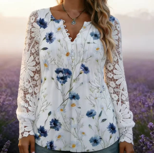 Sweet Babe Plus Size Floral Lace Sleeve V-Neck Blouse