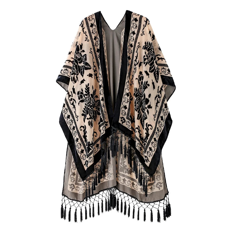 Black Beige Floral Burnout Velvet Kimono Robe Plus Size Women