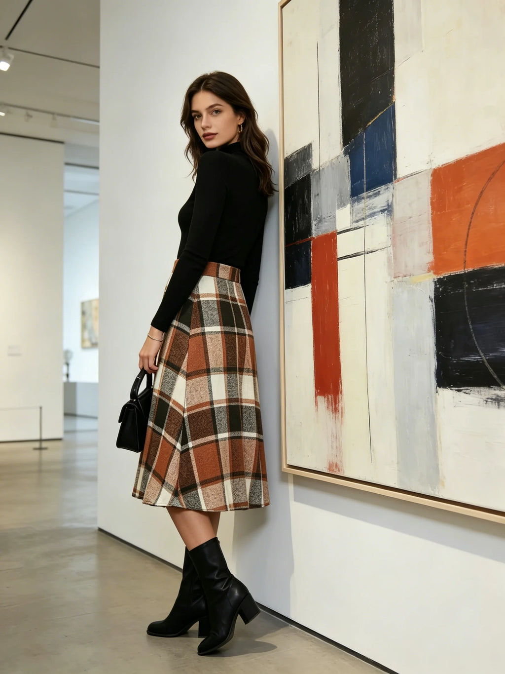 SWEET BABE Women's Brown Plaid A-Line Midi Skirt