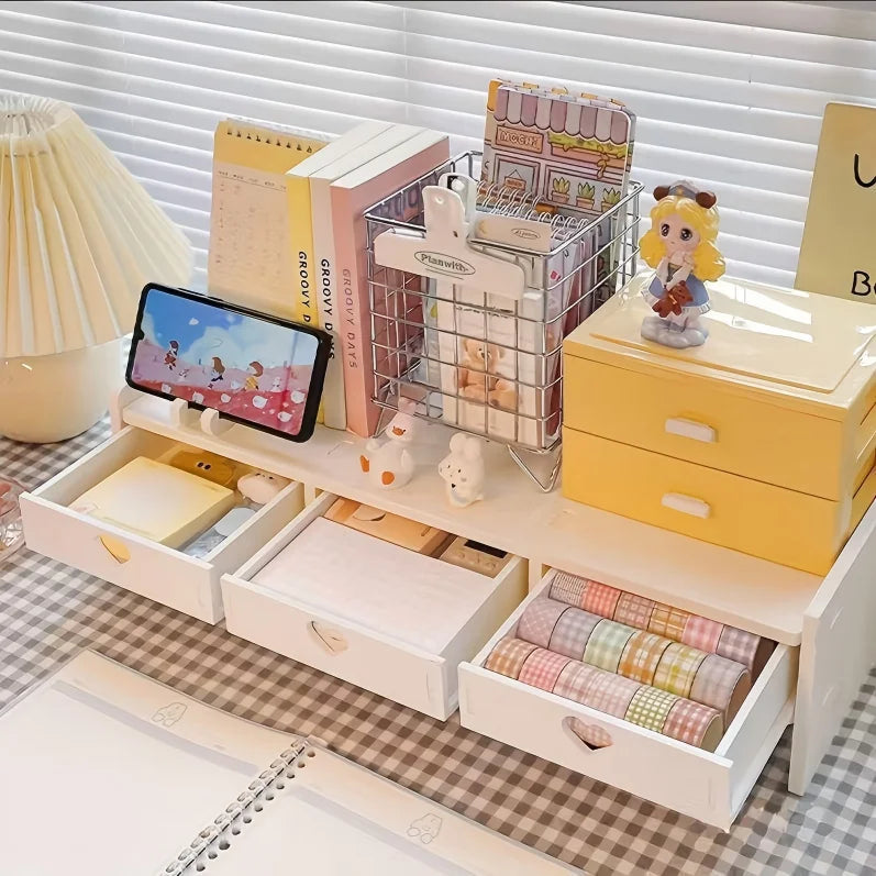 White Desktop Monitor Stand with 3 Storage Drawers