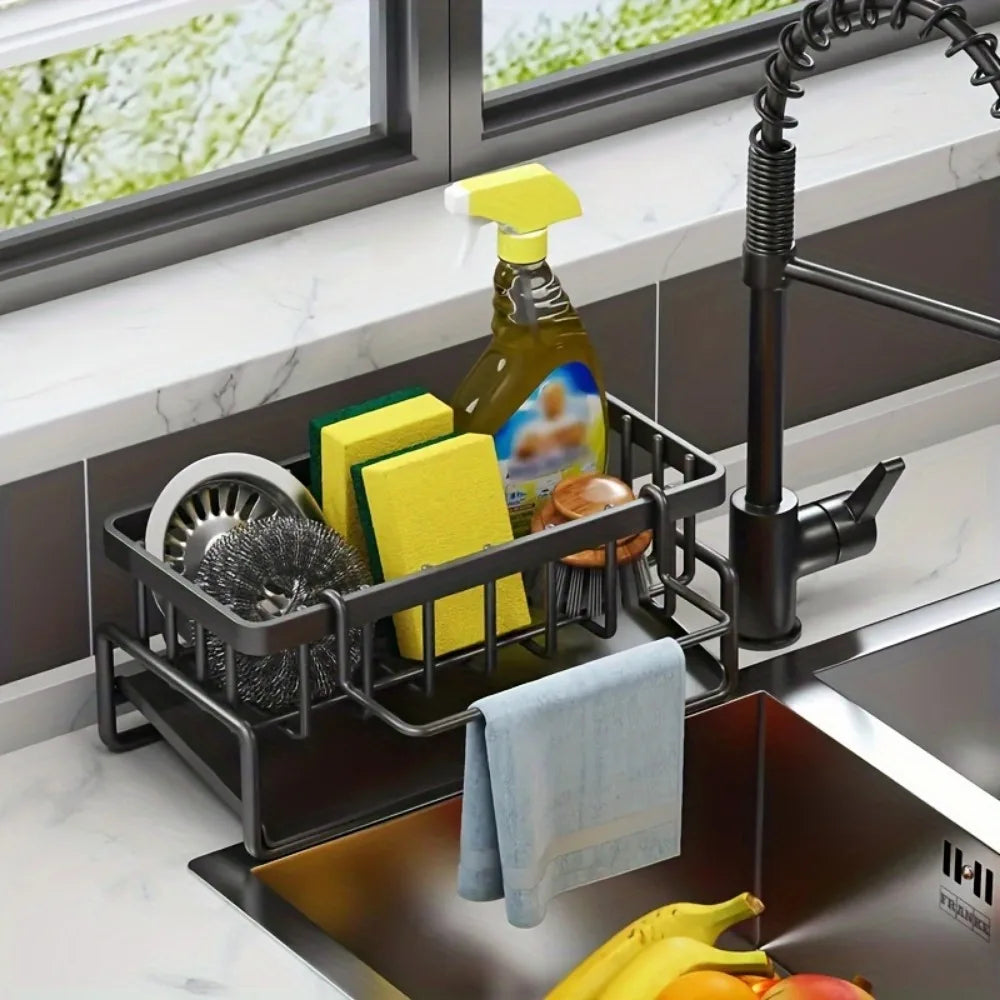 Stainless Steel Sink Sponge Holder Drain Rack Dishcloth Organizer Black