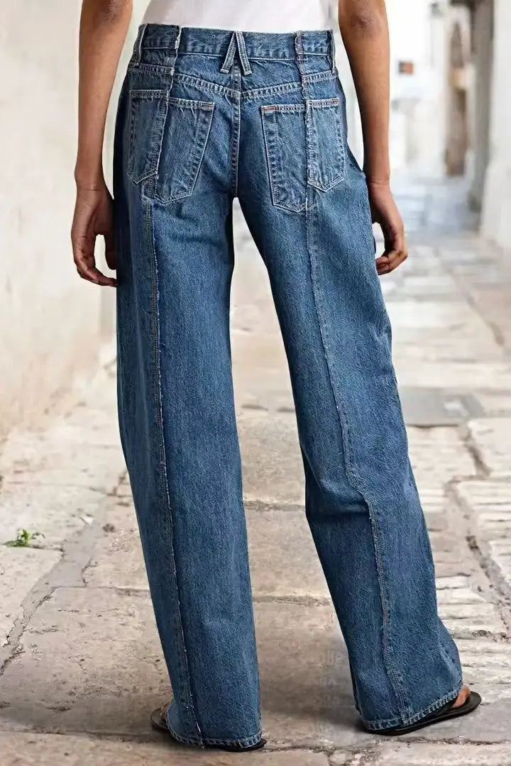 Women Vintage Wide Leg Jeans Medium Blue Contrast Seam Loose Fit