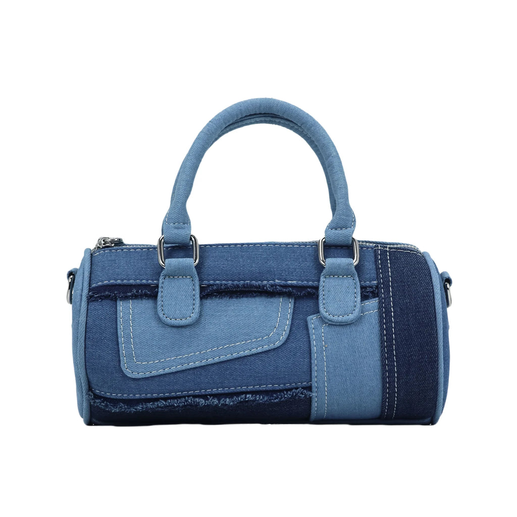 Women's Denim Barrel Duffel Handbag Small Satchel Bag