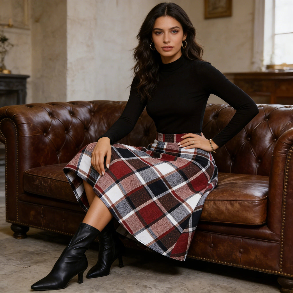 Women's Vintage Plaid A-Line Midi Skirt