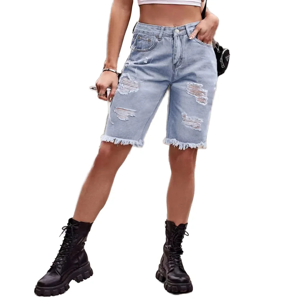 Women's Light Blue Distressed Bermuda Denim Shorts