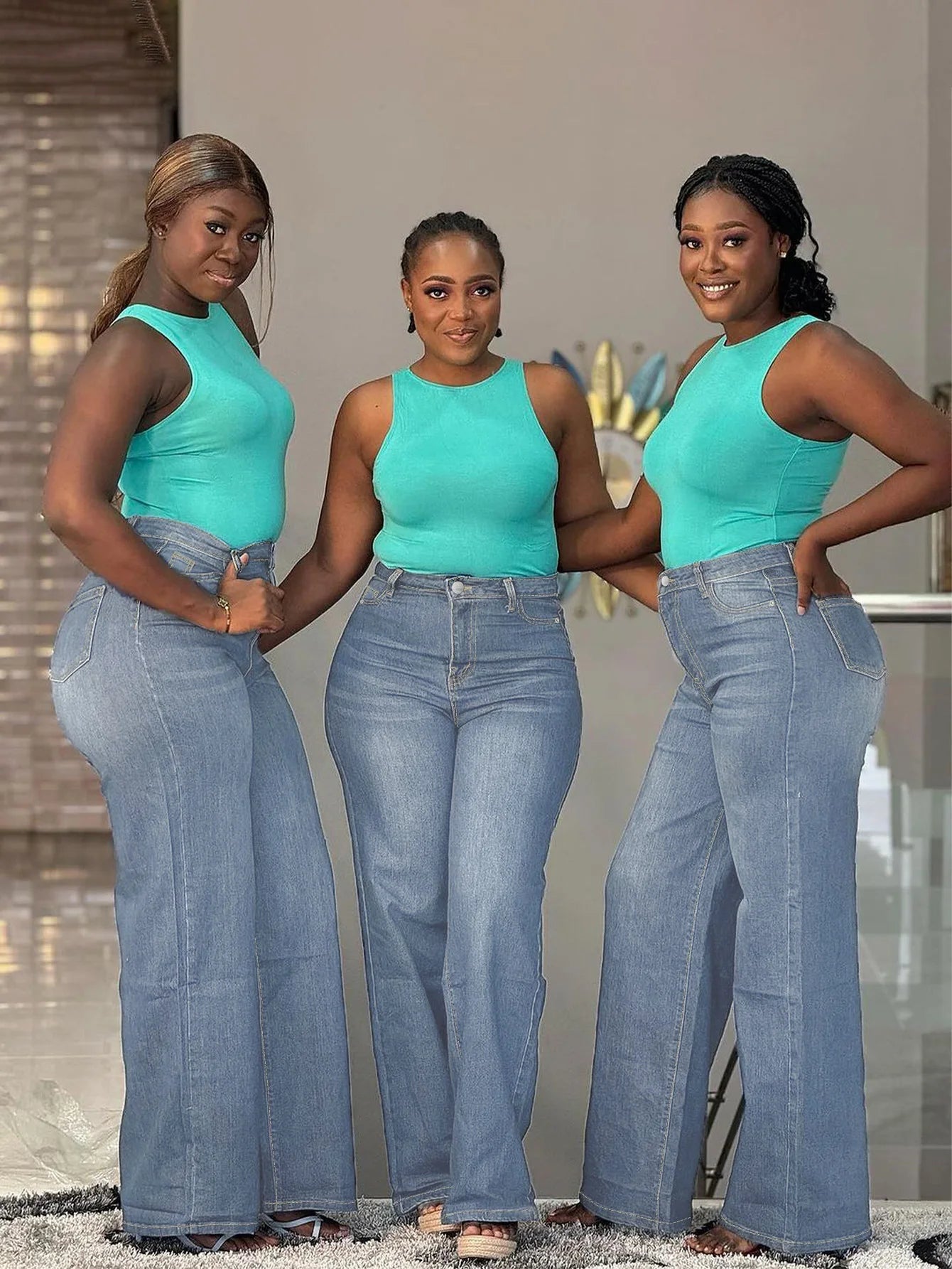 Women Plus Size Light Blue Wide Leg Jeans High Waist Stretch Denim