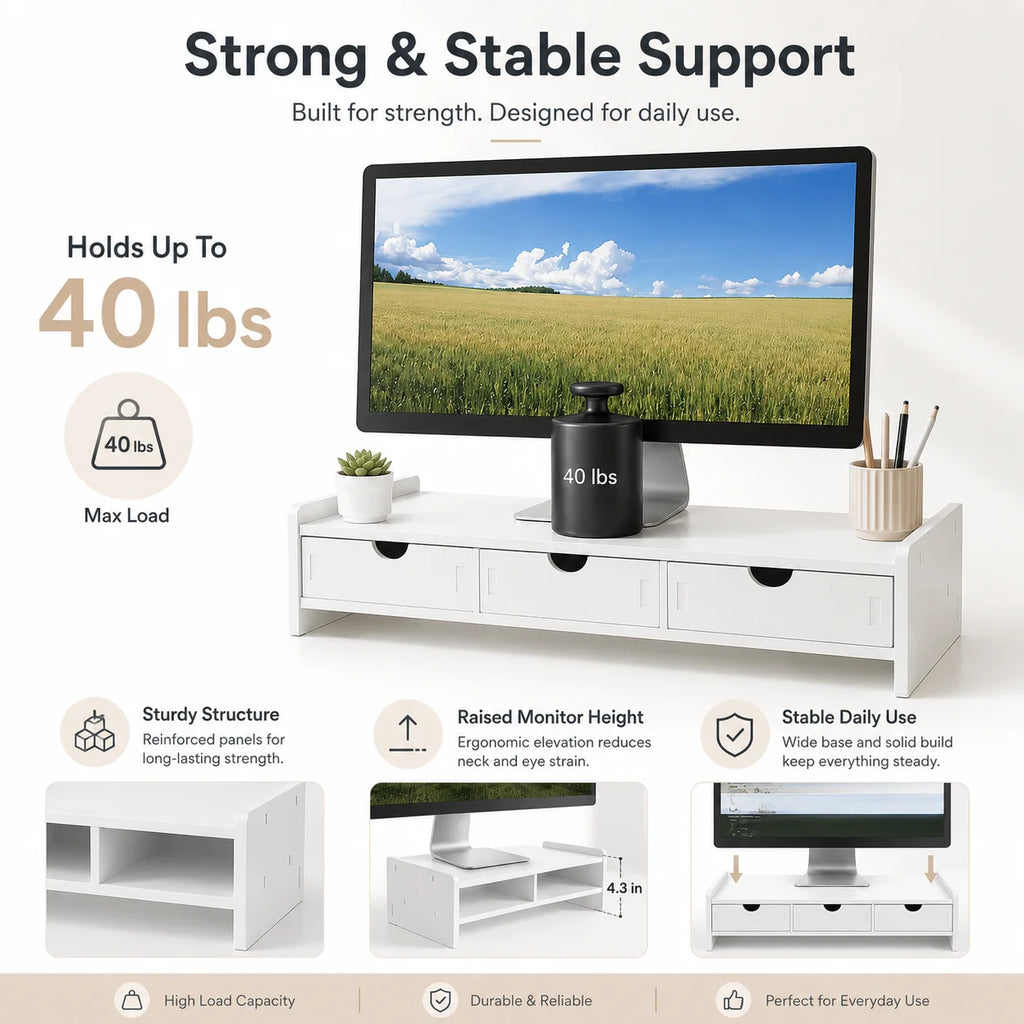 White Desktop Monitor Stand with 3 Storage Drawers