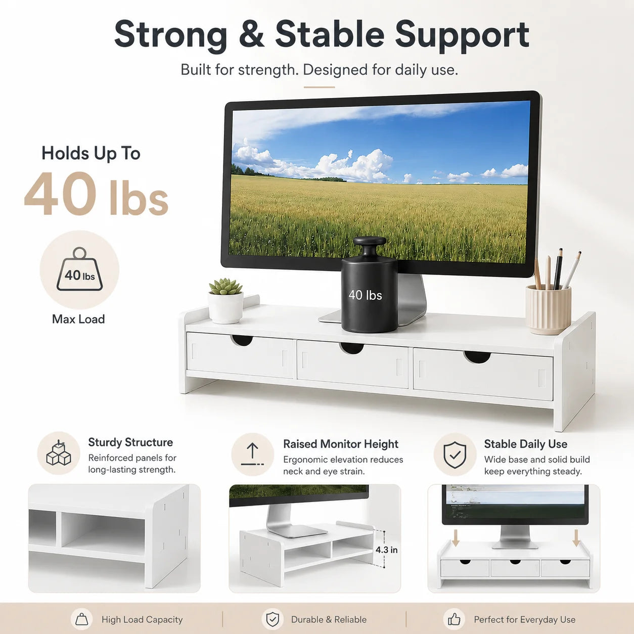 White Desktop Monitor Stand with 3 Storage Drawers