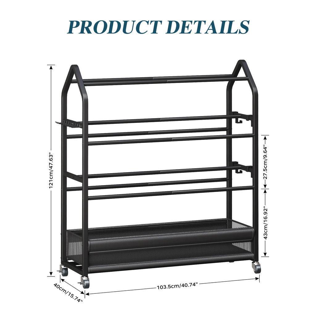 Heavy Duty Rolling Sports Equipment Organizer Ball Storage Rack Hooks