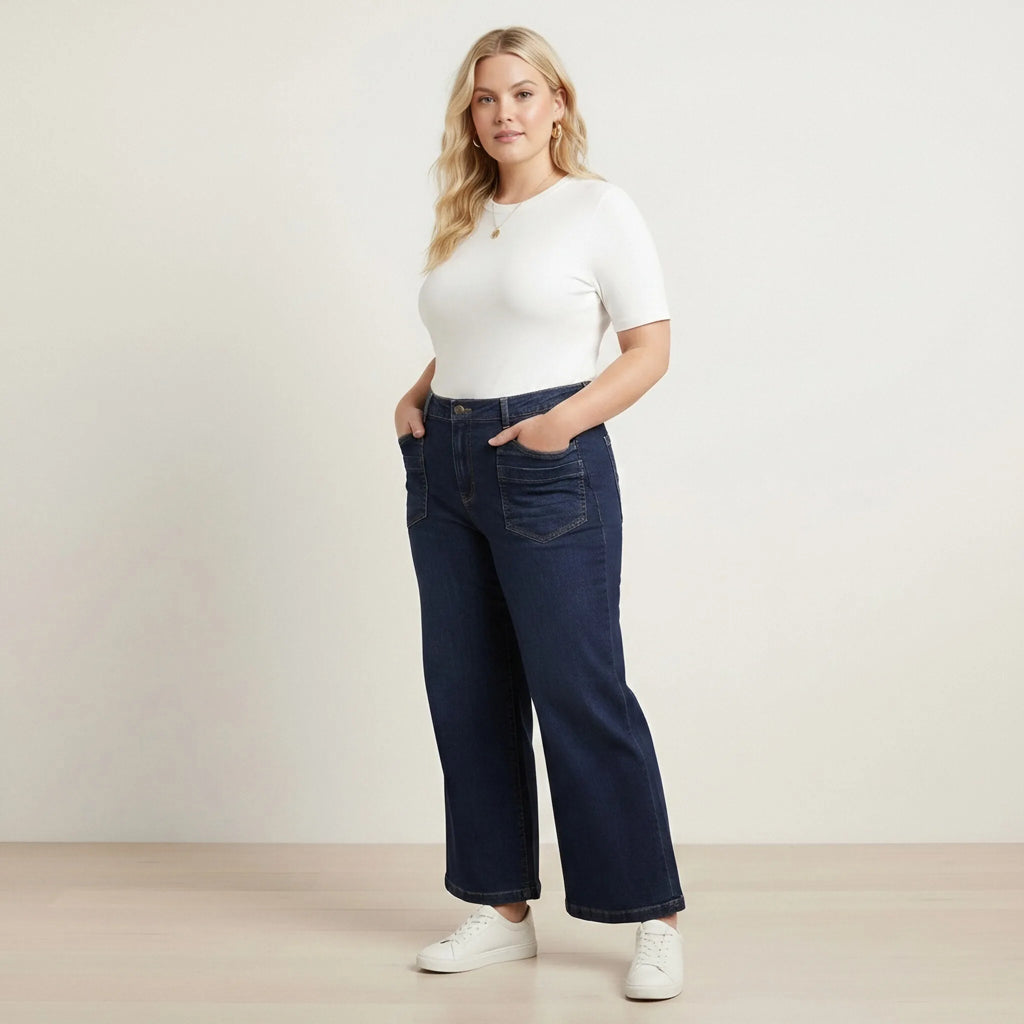 HME Women's Plus Size Dark Blue Wide Leg Jeans with Front Pockets